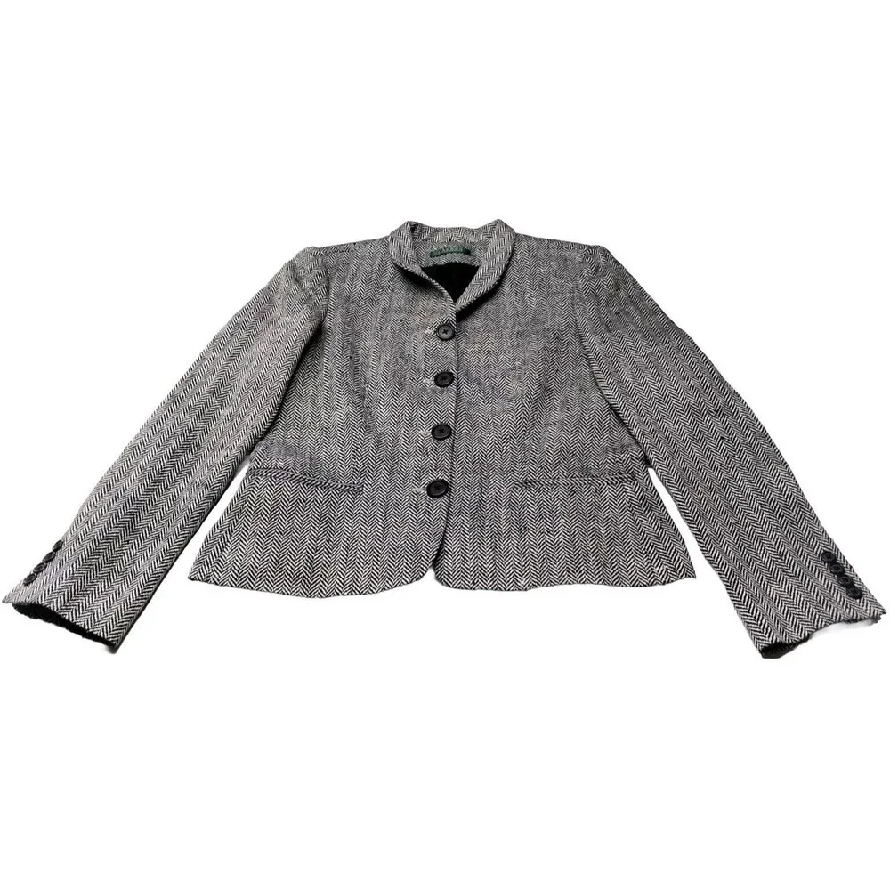 RALPH LAUREN Blazer Black Cream Herringbone Size 8 Silk Linen Blend Academia GUC - Picture 15 of 16